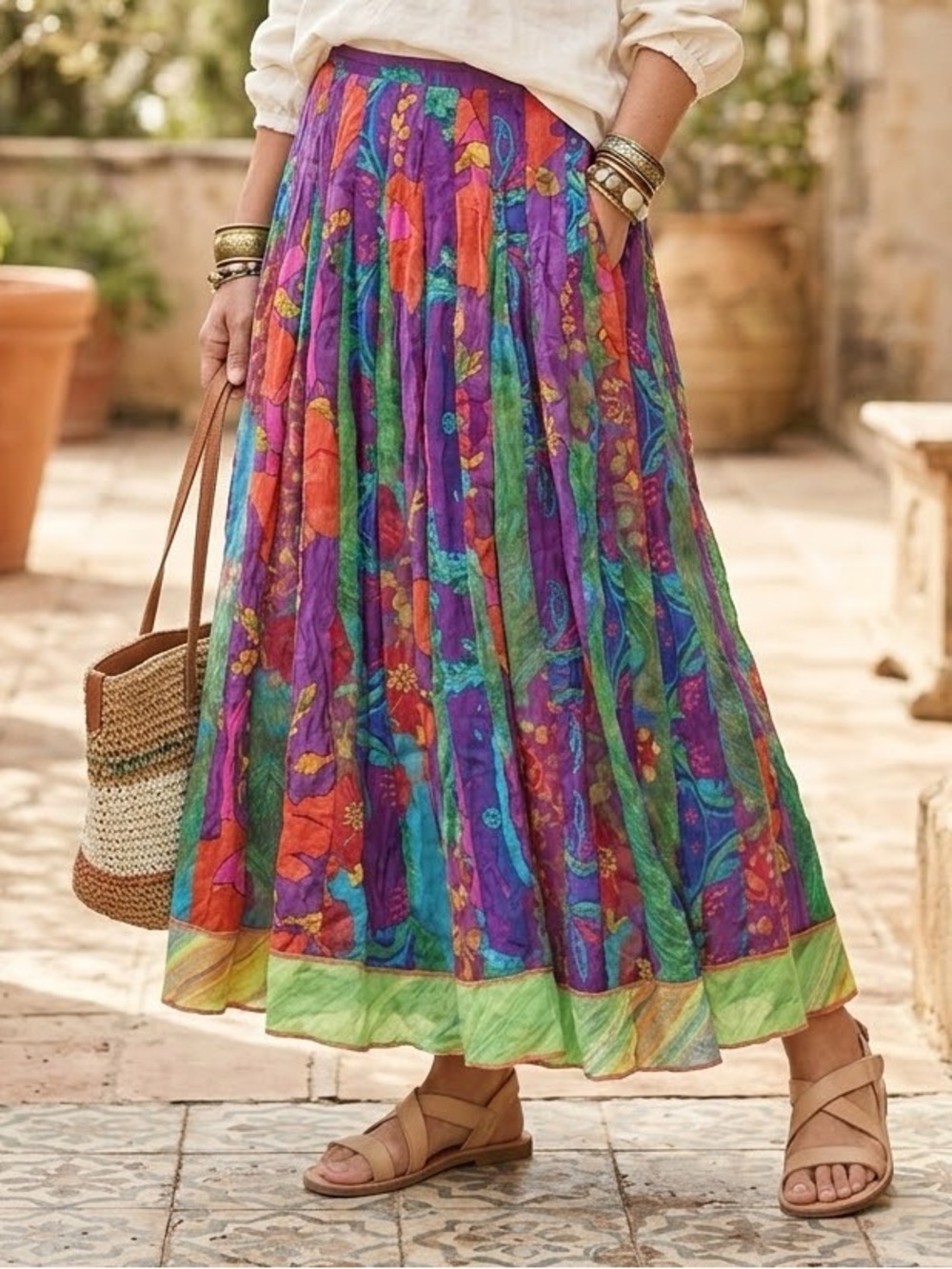 Soft Surroundings Boho Peasant Art to Wear Multicolor Floral Maxi Skirt Sz M